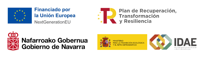 Logotipos de la Unión Europea, Plan de Recuperación, Transformación y Resiliencia, Gobierno de Navarra e IDAE - Ministerio de Transición